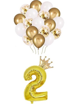 CetKing Rakam Gold Folyo Balon, Kral Tacı ve Konfetili Gold Balon