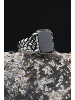 Prestige Gümüş Örgü Tasarım Kare Siyah Oniks Taşlı 925 Ayar Gümüş Yüzük 902431