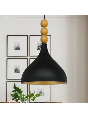 Bamyum Uzun Siyah Boncuklu Tekli Sarkıt Ahşap Başlık Avize Salon Mutfak Cafe Restoran Lamba Avize