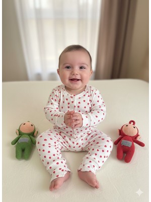 Şimo Butik Kız Erkek Bebek % 100 Pamuk Pijama Takımı Yumuşak Ribanalı Çıtçıtlı 0-9 Ay Kalpli Sevgi Temalı