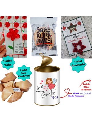 E-Hediyeci Kişiye Özel Konsept Hediye Kutusu - 3 Adet Şans Kurabiyesi, 1 Adet Yıldız Anahtarlık ve Çiçek Toka Hediye Seti
