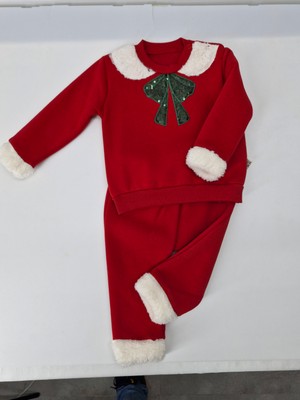 Evitle Kız Bebek Noel Kırmızı Yeşil Pullu Polar 2'li Takım 9-12 Ay