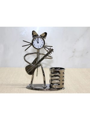 Eco Port Metal Gitar Çalan Kedi Müzisyen Saat ve Kalemlik ALK4345