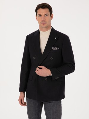 Cacharel Erkek Siyah Slim Fit Yün Karışımlı Kruvaze Ceket 50310755-VR046