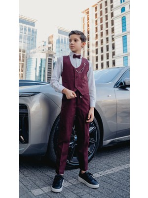 Erkek Çocuk Smokin Takım Elbise – Jogger Pantolonlu Yelekli Papyonlu Gömlekli Zincirli 5’li Set