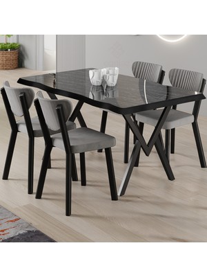 Canisa Akort Serisi Mdf Sabit 80X130 Siyah Mermer Desen Mutfak Masası Takımı 4 Sandalye