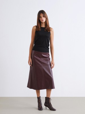 Soulife Beli Fermuarlı A Kesim Deri Görünümlü Etek