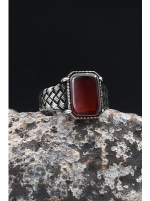 Prestige Gümüş Örgü Tasarım Kare Akik Taşlı 925 Ayar Gümüş Yüzük 902432