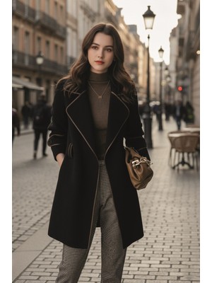 1Tarz Kaşe Kadın Şık Yaka Kaban ve Kemer