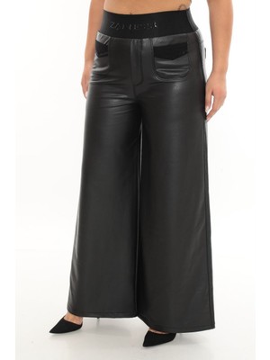 Zanessi Büyük Beden Deri Toparlayıcı Yüksek Bel Önden Cepli Geniş Paça Kadın Pantolon