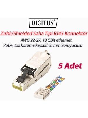 Digitus DN-93631 Zırhlı/shielded Saha Tipi RJ45 Konnektör, Awg 22-27, 10 Gbit Ethernet, Poe+, Toz Koruma Kapaklı, Kıvrım Koruyucusu