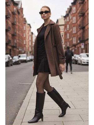 Kaşe Kadın Şık Yaka Kaban ve Kemer