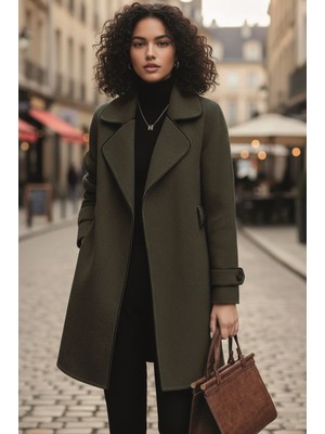 Kaşe Kadın Şık Tasarım Yaka Kaban ve Kemer