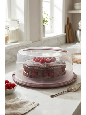 Poomy Kilitli Kek Fanusu Pasta Börek Taşıma ve Saklama Kabı Kulplu Yuvarlak Sunum Fanusu