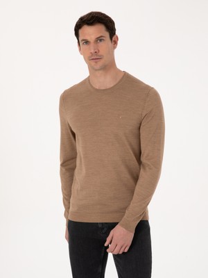 Cacharel Camel Slim Fit Yün Karışımlı Bisiklet Yaka Basic Triko Kazak 50318854 VR015