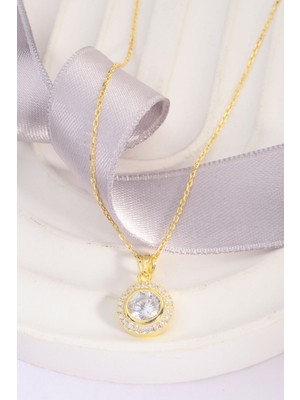 Altın Kaplama 925 Ayar Gümüş Çember Taş Çerçeveli 6mm Taşlı Kolye