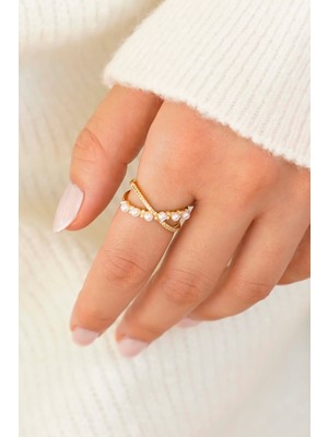 Trend Collection Zarif Gold Inci & Taşlı Minimal Çapraz Form Kadın Yüzük