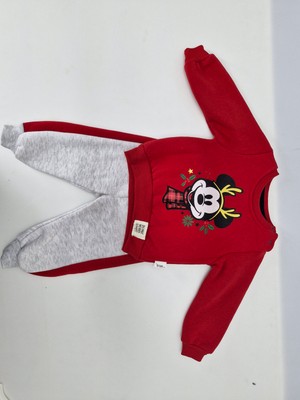 Evitle Unisex Kırmızı Gri Noel Mickeyli Baskılı Polar 2'li Takım 6-9 Ay