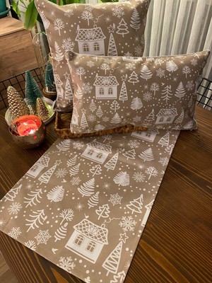 Kırlentim H1257 Bej Mini Evler Ağaçlar Kırlent Runner 3lü Kombin Set