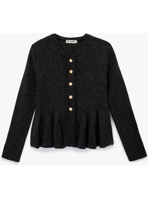 Koton Uzun Kollu Bisiklet Yaka Düğme Detaylı Triko Peplum Hırka