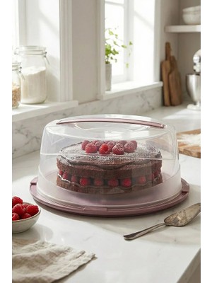 Poomy Kilitli Kek Fanusu Pasta Börek Taşıma ve Saklama Kabı Kulplu Yuvarlak Sunum Fanusu