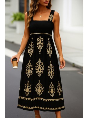 Bosel Kadın Askılı Kare Yaka Gipe Detaylı Desenli Suprem Elbise