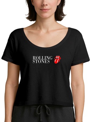 Z zepplin The Rolling Stones Logo Text Siyah Kadın Tişört