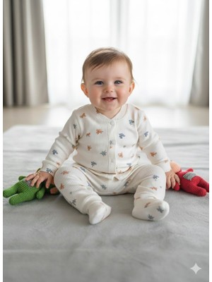 Şimo Butik Bebek Tulum 0-9 Ay Rahat Nefes Alan Çıtçıtlı  %100 Saf Pamuk Yumuşacık Anti Alerjik Patikli Dino