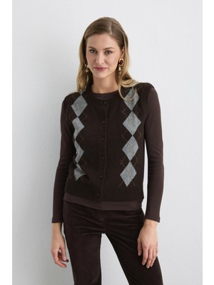 Gusto Baklava Desenli Triko Yün Yelek - Kahverengi