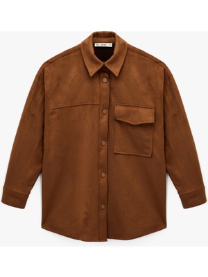 Koton Uzun Kollu Klasik Yaka Çıtçıt Düğmeli Cepli Oversize Süet Görünümlü Ceket