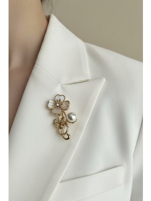 Modex Altın Sarısı Inci Detay Sedef Yonca Broş (5cm)