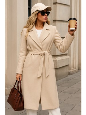 Comstar Kadın Kışlık Trend Kuşaklı Uzun Krem Kaşe Kaban