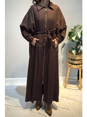 Ceremony Önden Fermuarlı Tek Kolu Taş Detay Içten Kemerli Kap Ceket 6881 Kahverengi