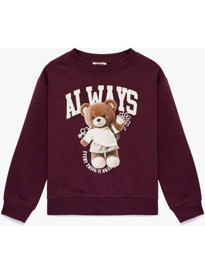 Koton Pamuklu Uzun Kollu Bisiklet Yaka Ayıcık Baskılı Sweatshirt