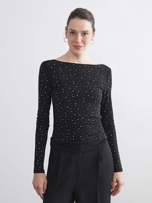 LC Waikiki Lcwaıkıkı Basic Siyah Kayık Yaka Taşlı Bluz