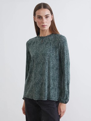 LC Waikiki Lcw Grace Yeşil Fırfırlı Dik Yaka Desenli Bluz