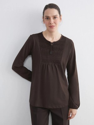 LC Waikiki Lcw Grace Kahverengi Bağlamalı Yaka Nakışlı Bluz