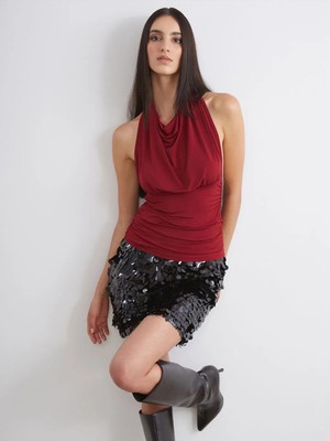 LC Waikiki Soulife Bordo Dökümlü Halter Yaka Büzgülü Bluz