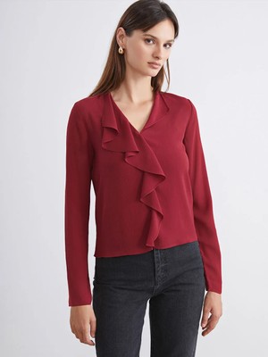 LC Waikiki Soulife Bordo Kaçık Yaka Fırfırlı Bluz