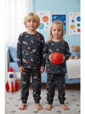 FullaModa Roket Desenli Bisiklet Yaka Polar Unisex Çocuk Pijama Takımı
