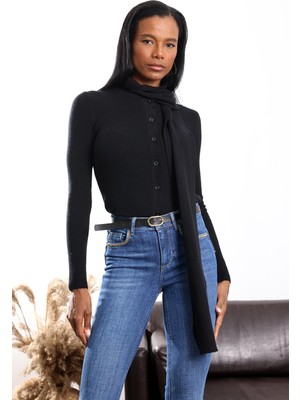 5in1Canpolat Siyah Atkı Detaylı Triko Hırka 17757