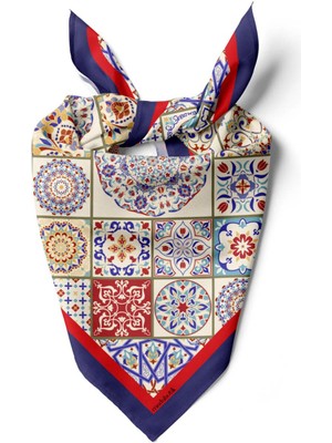 Vissona G5 Kadın Lacivert Turuncu Çini Desenli 50X50 Bandana DG0835