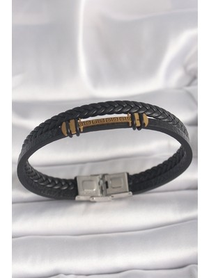 Vice Avm Gold Renk 316 L Çelik  ZikZak İşlemeli Aksesuarlı Çift Sıra Burgu Desenli Deri Kordon Erkek Bileklik EB-53-vice/(1395) 1540