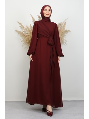 Bağlama Detay Şifon Elbise Bordo