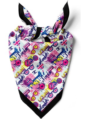 Vissona V28 Kadın Pembe Mavi London Desen Desenli 50X50 Bandana Hyl DG0774-22