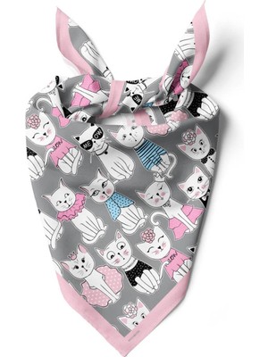 Vissona B85 Kadın Kedi Desenli Bandana 50X50 Siyah Beyaz Pembe DG0411-22 Snz