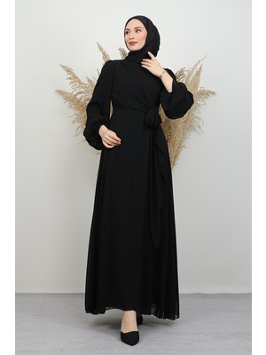 Bağlama Detay Şifon Elbise Siyah