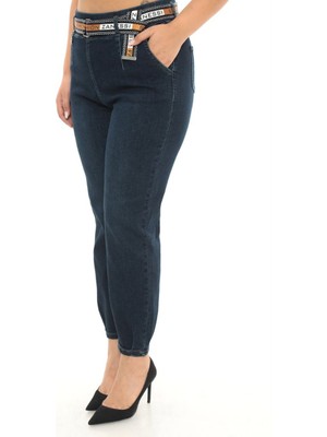 Zanessi Büyük Beden Mom Kemerli Yüksek Bel Denim Kadın Pantolon