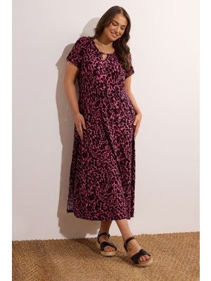 Büyük Beden Yaka Detaylı Kısa Kollu Cepli Yırtmaçlı Maxi Elbise 615605