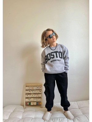 Rapapa Erkek Çocuk 3 Iplik Şardonlu “boston” Baskılı Sweatshirt ve Kargo Cepli Eşofman Takımı 5057